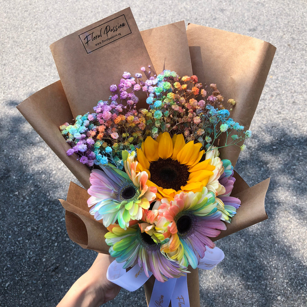 Sunflower, Rainbow Gerbera & Baby’s Breath Bouquet